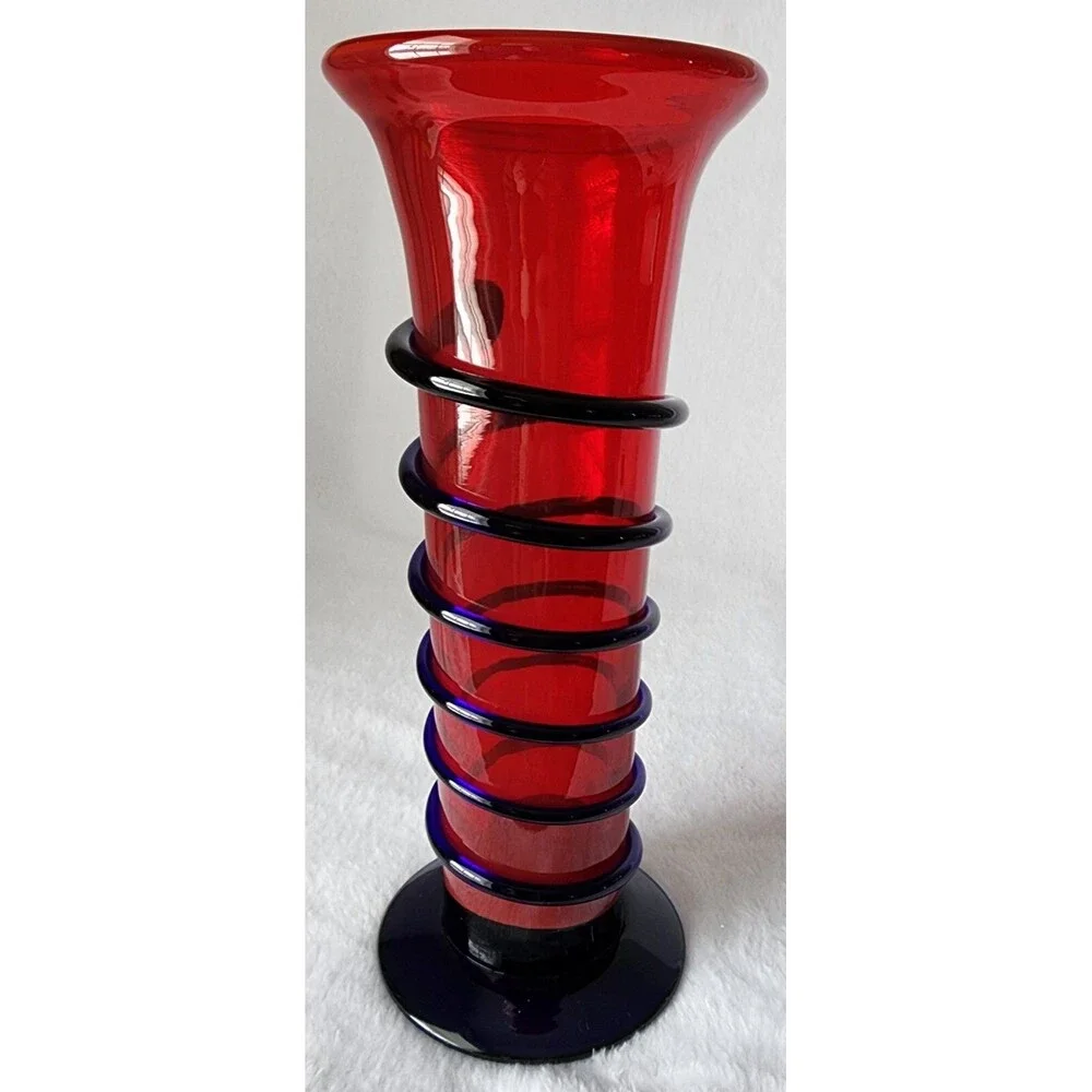 Vintage Art Deco Vase ~ Cobalt Blue SNAKE CORDING on Red Glass Decor 10.25”